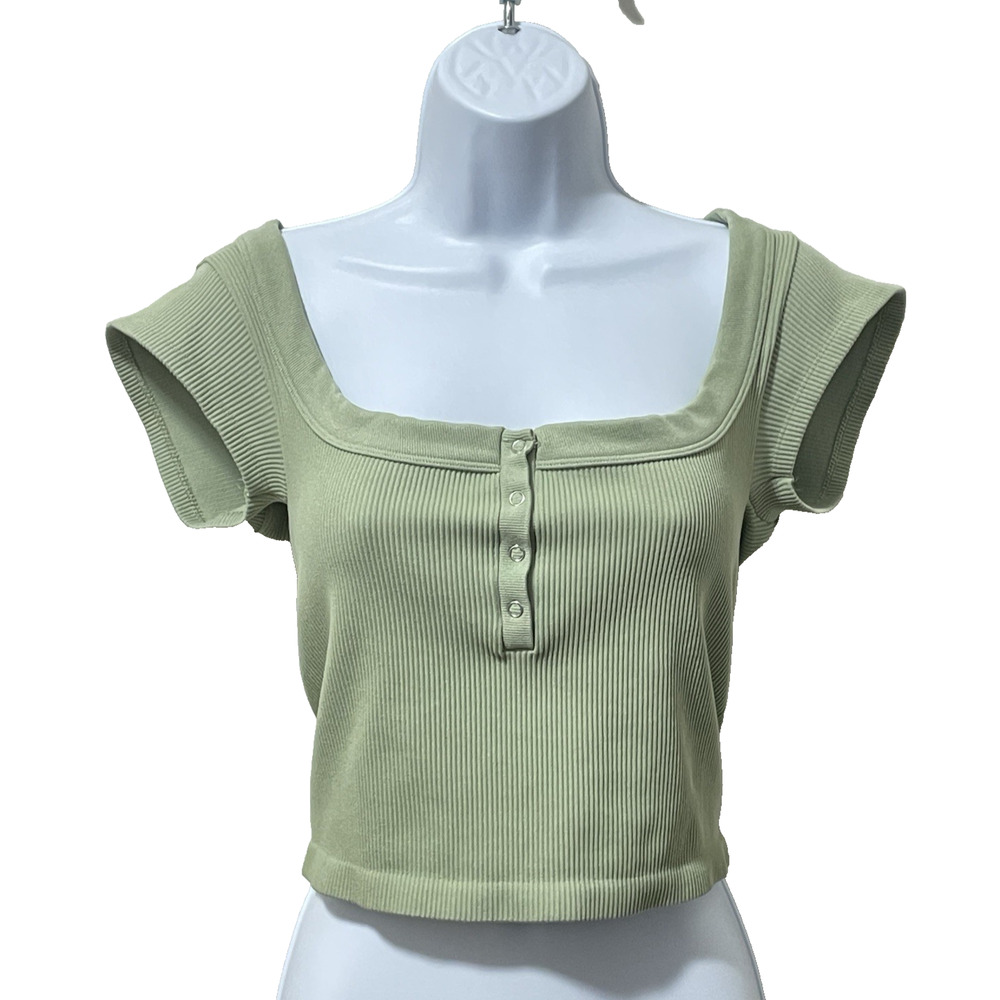 Out From Under Urban Outfitters Green Ribbed Cap Sleeve Cropped Henley Top L/XL